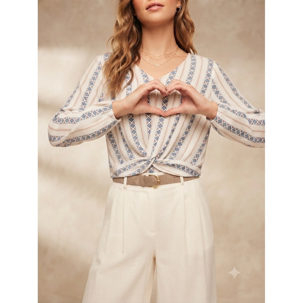 Pink Republic Women S V-Neck Twist Front Striped Tribal Blouse White Blue Boho